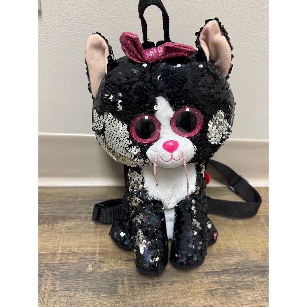 Ty Beanie Boos Kiki the Cat Black Silver Reversible Sequin Plush Mini Backpack
